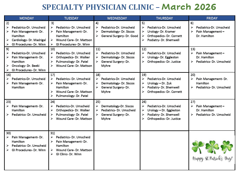 March 2026 Outpatient Clinic Calendar