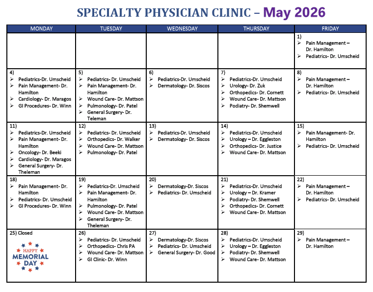 May 2026 Specialty Outpatient Calendar