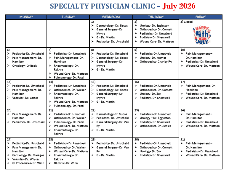 outpatient calendar for July 2026